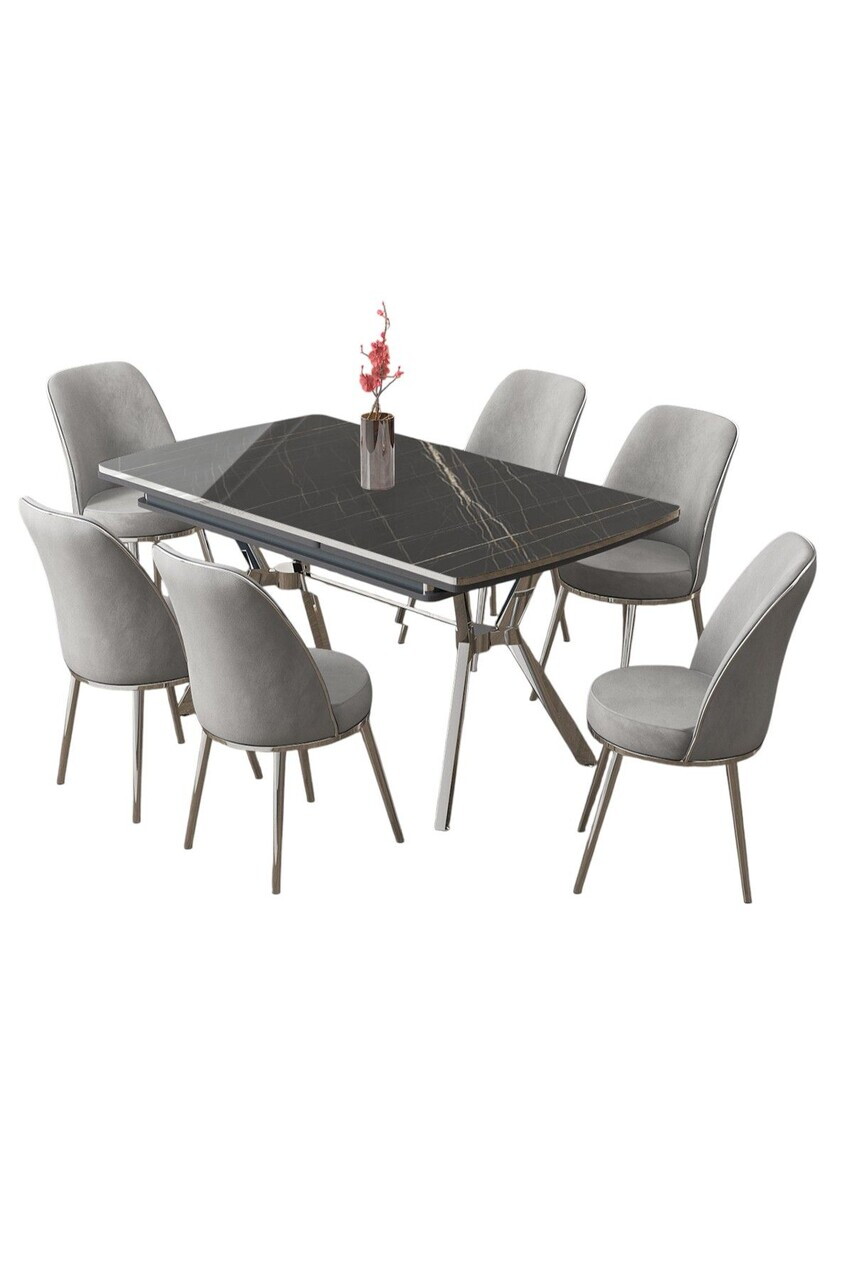 Set masa extensibila si scaune (7 piese), Hanah Home, Poy, Sonata / Crom / Gri