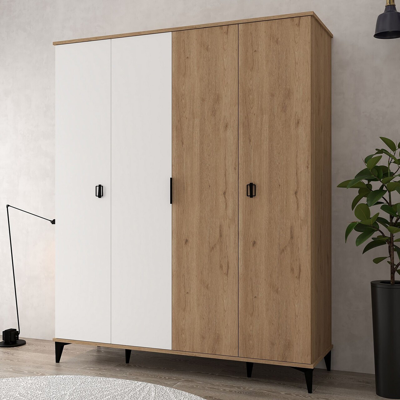 Dulap pentru haine, Hanah Home, Neva 6403, 164x200x52 cm, PAL, Stejar Safir / Alb — imaginea 4