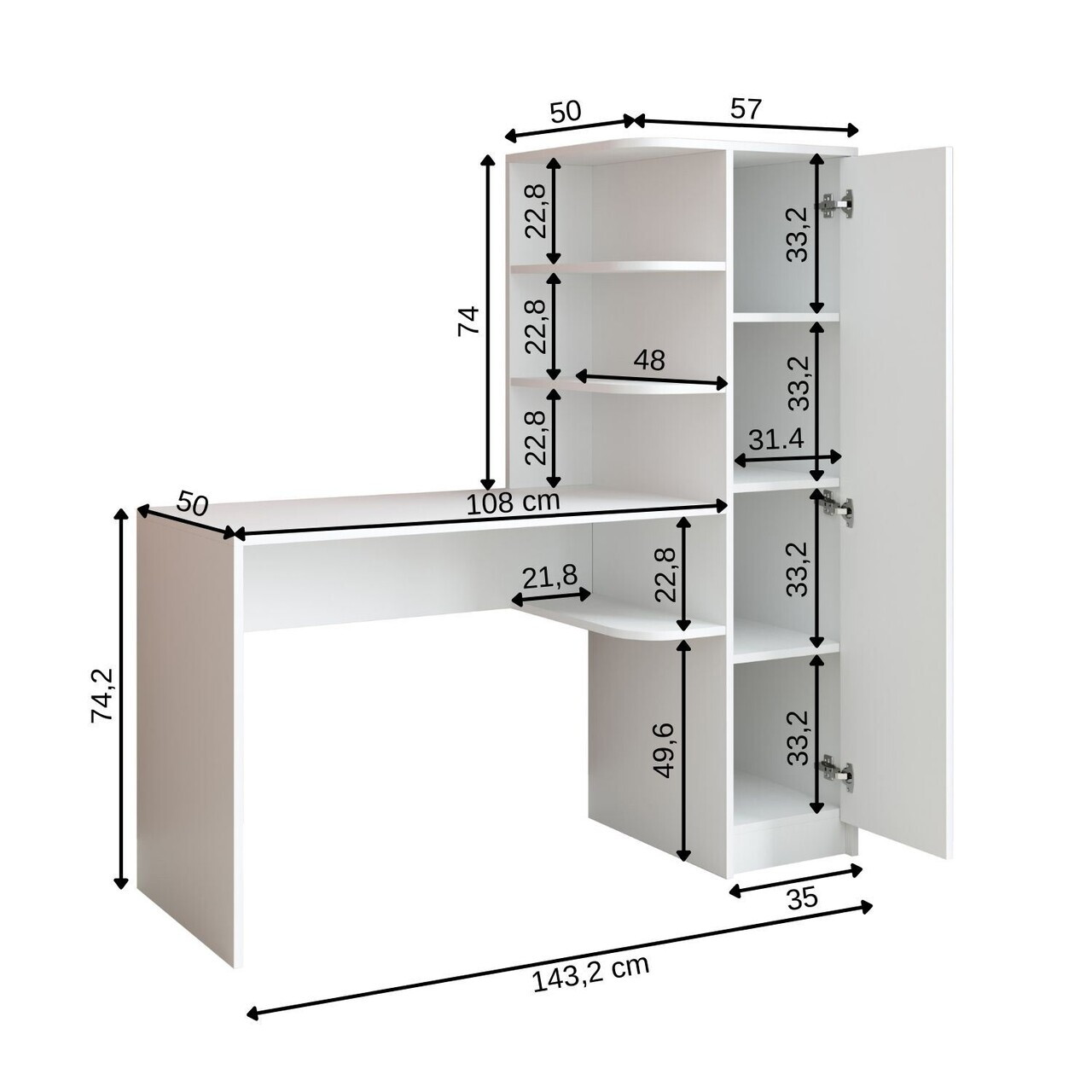 Set birou si biblioteca, Hanah Home, 2128, 143.2x143.2x50 cm, PAL MELAMINAT, Alb — imaginea 7