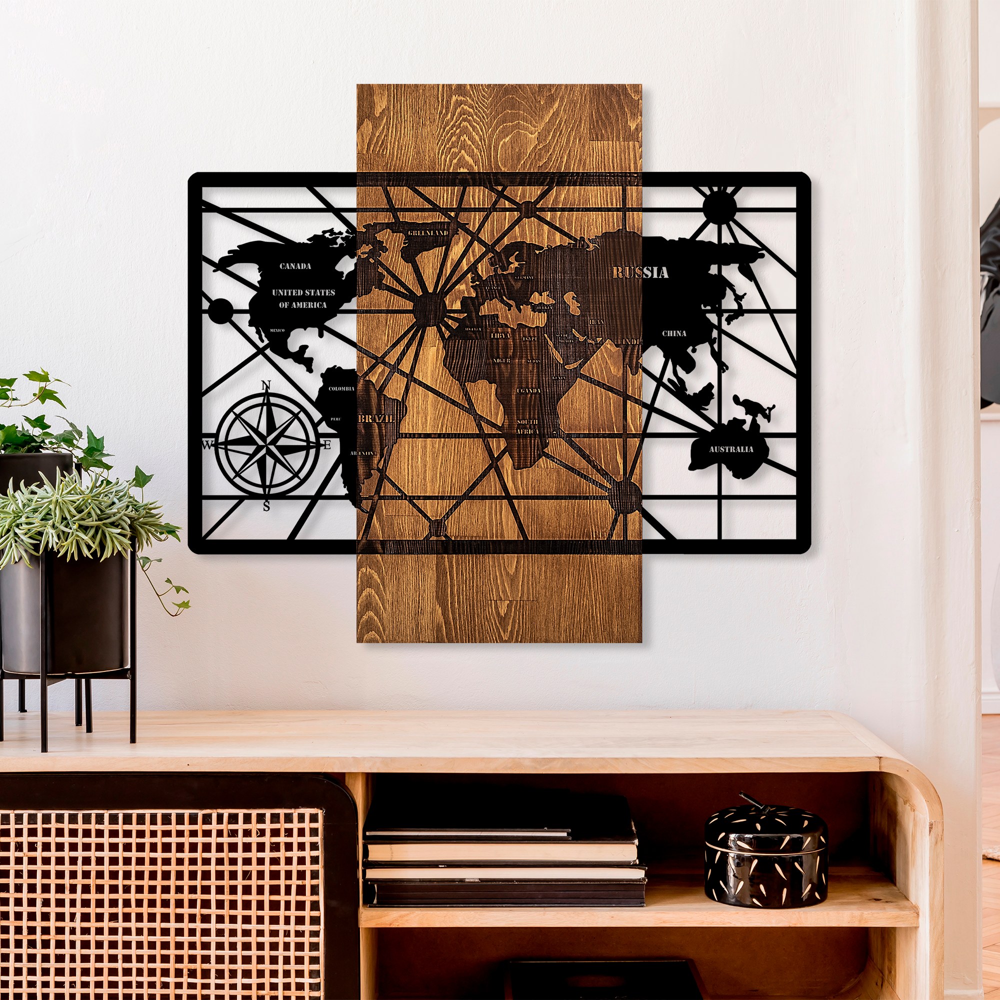 Decoratiune de perete, World Map 6-M, Dimensiuni: 57 x 63 cm, Nuc / Negru