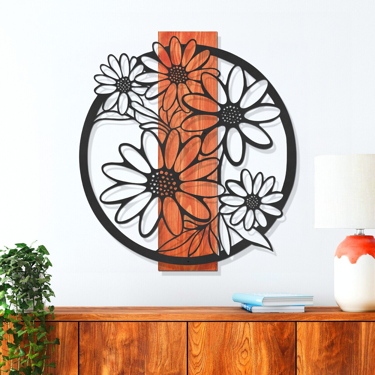 Decoratiune de perete, Marguerite, Cadru: Lemn (Grosime: 2 cm), Roșu/Negru — imaginea 2