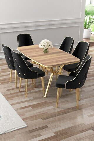 Set masa si scaune (7 piese), Hanah Home, Asel, Hazar / Auriu / Negru