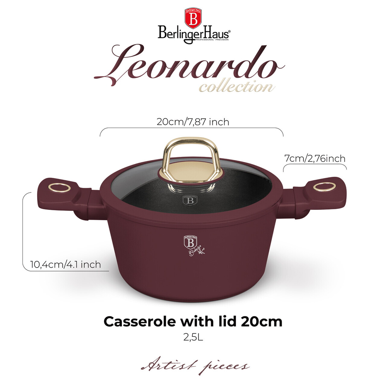 Oala cu capac Berlinger Haus, Leonardo, 20 cm, 2.5 L, aluminiu forjat, visiniu mat - imagine 6