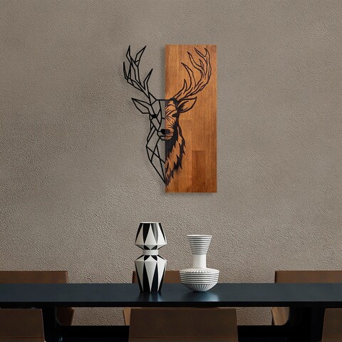 Decoratiune de perete, red deer 1, lemn/metal, dimensiune: 36 x 58 cm, nuc / negru