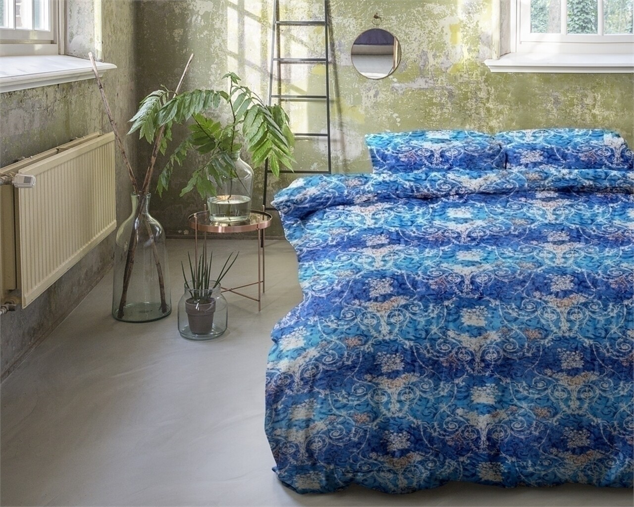 Lenjerie De Pat Pentru Doua Persoane, Royal Textile, Primaviera Deluxe Jane Blue, 3 Piese, 100% Bumbac Satinat, Multicolor