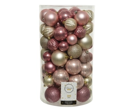 Cutie cu 100 globuri asortate Mix, Decoris, plastic, roz/sampanie