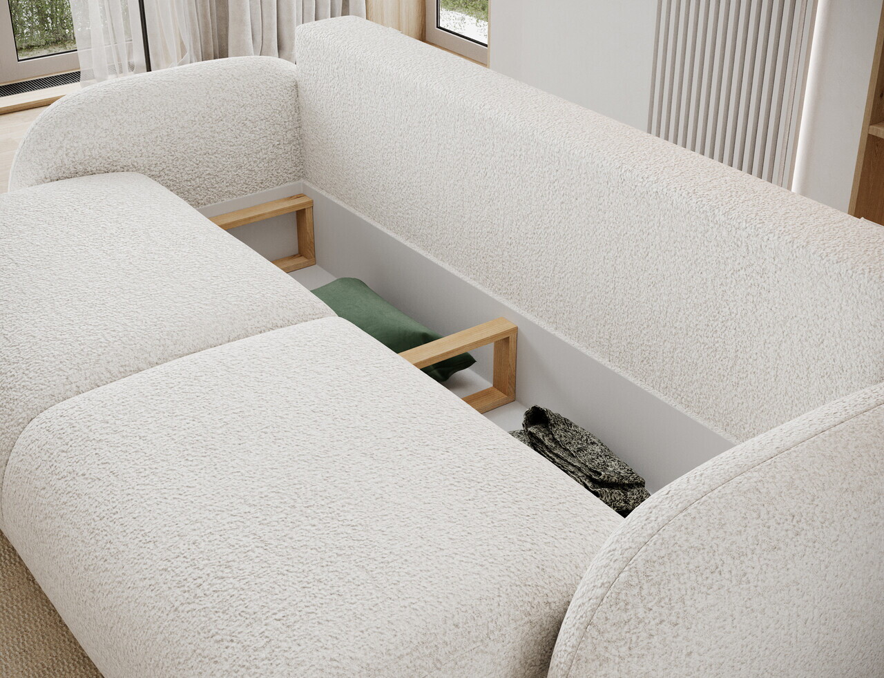 Canapea extensibila 3 locuri ELTAP, Avuela, 250x105x94 cm, lemn/tesatura boucle, alb — imaginea 7