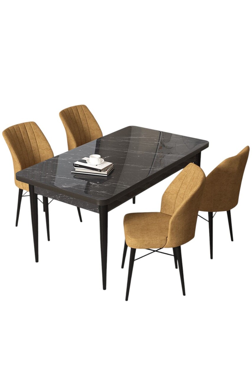 Set masă și scaune (5 bucăți), Hanah Home, Arp, Marmură neagră / Cappuccino - view 2