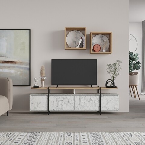 Comoda TV cu 2 rafturi, Decortie, Hanley, pal melaminat, alb/stejar alb-stejar