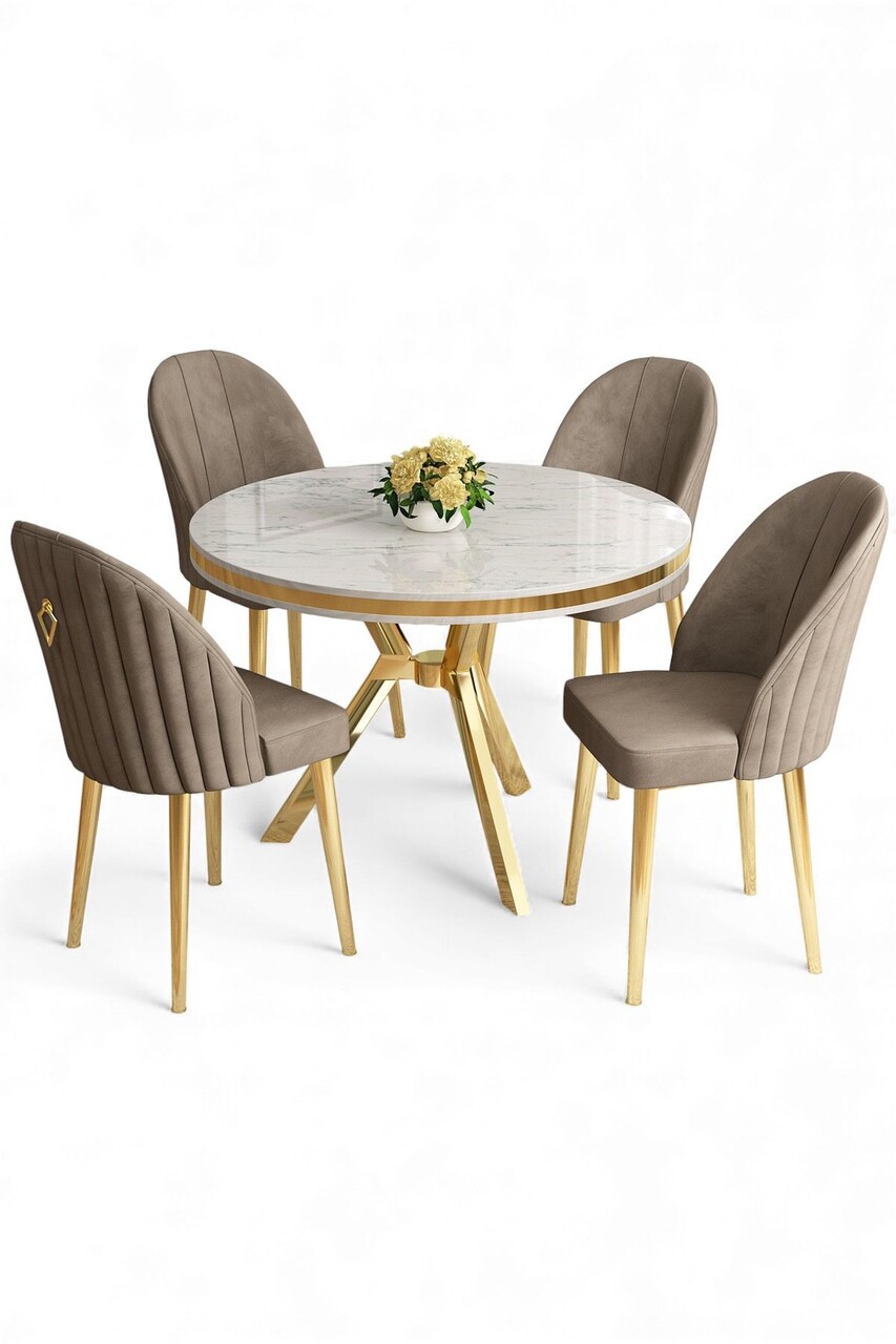 Set masă și scaune (5 bucăți), Hanah Home, Mos, Marmură albă / Auriu / Cappuccino - view 2
