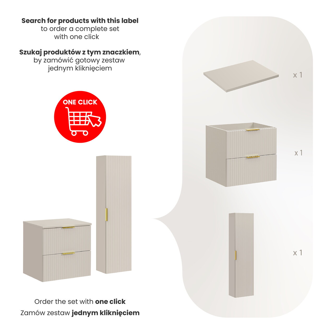 Set mobilier baie Adel Cashmere 60 cm, dulap inalt si masca lavoar, Comad, MDF/PAL, casmir — imaginea 2