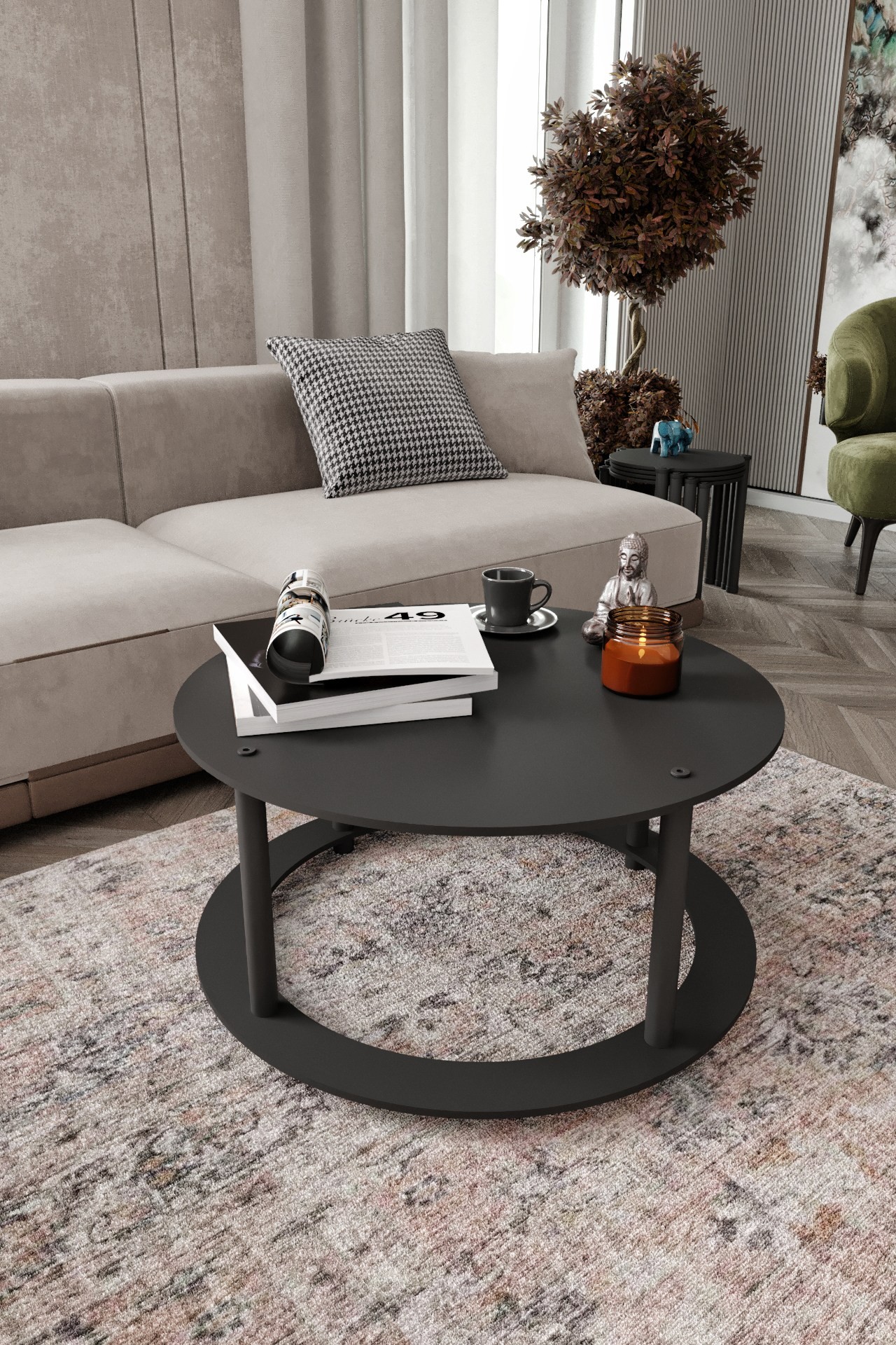 Masuta de cafea, Hanah Home, Hole Round, MDF , Negru