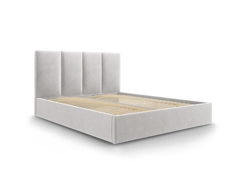 Pat tapitat cu somiera rabatabila si lada depozitare, juniper, mazzini sofas, 208x150x104 cm, catifea, gri deschis