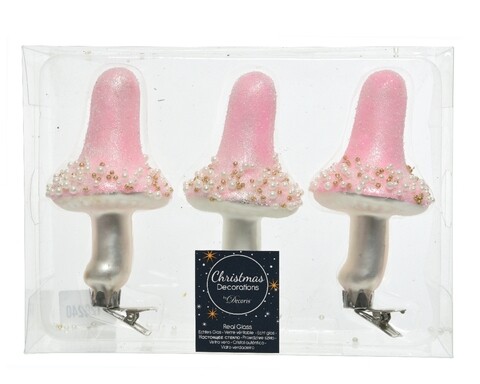 Set 3 globuri decorative Mushroom, Decoris, sticla, roz