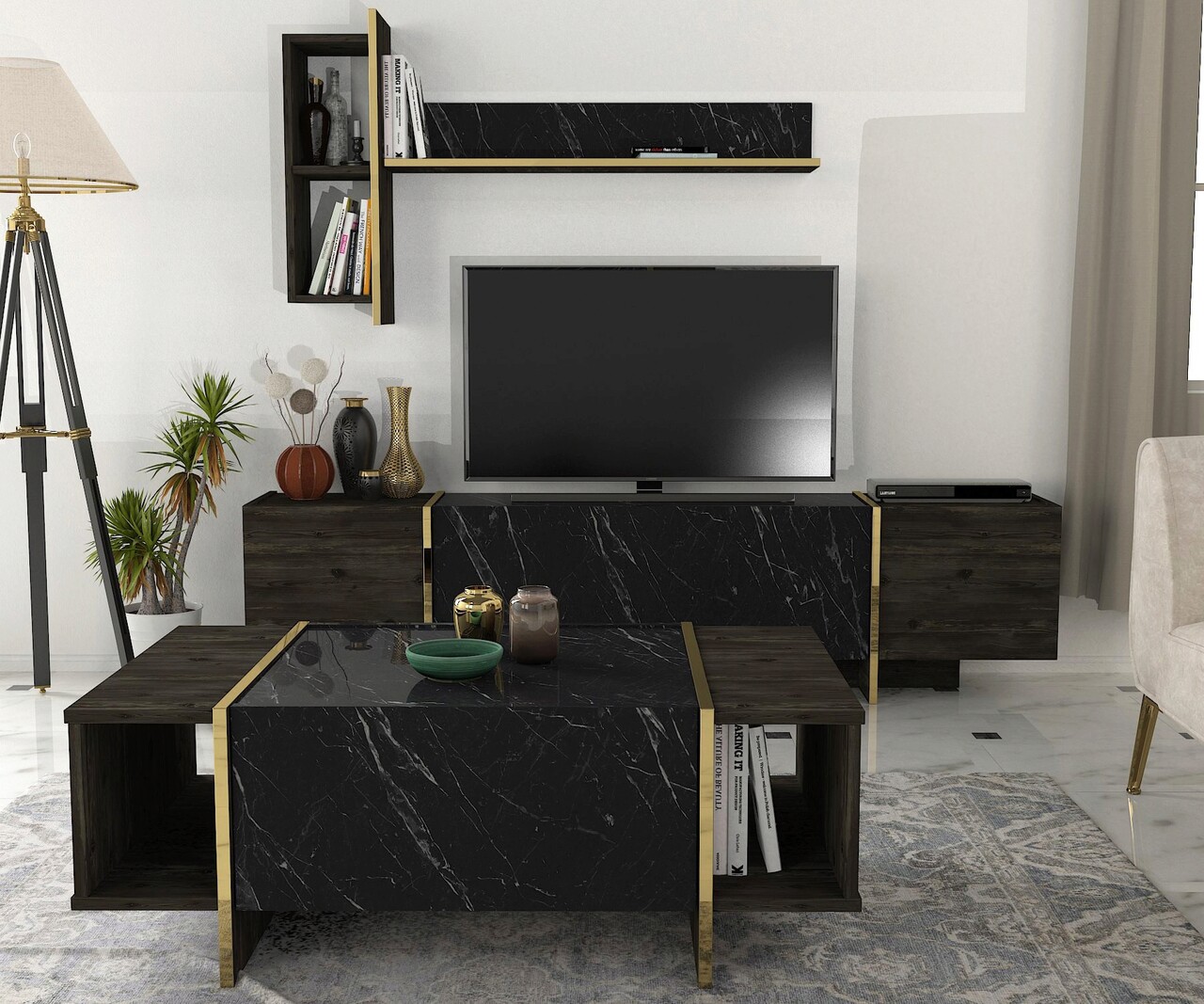 Set mobilier living, Hanah Home, Veyron Set 1, Negru - imagine 3