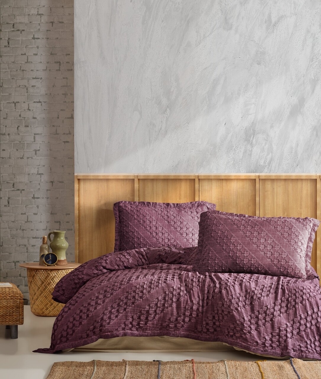 Set cuvertura de pat dubla Pique, 3 piese, 220x240 cm, 100% bumbac Jacquard, Saheser, Enza, rosu