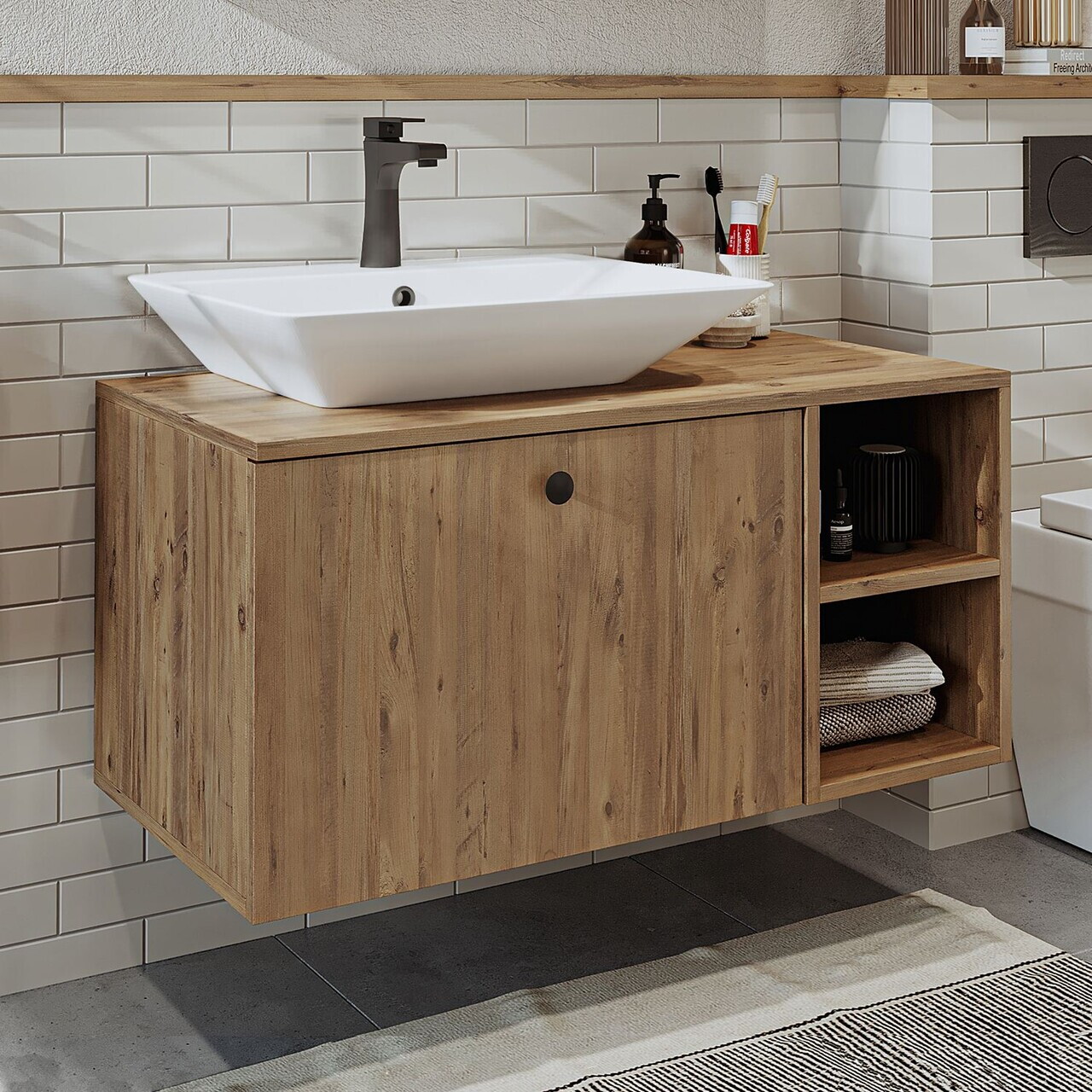 Dulap de baie cu chiuvetă, Hanah Home, 2460, 95x56.5x45 cm, MDF, Maro — imaginea 3