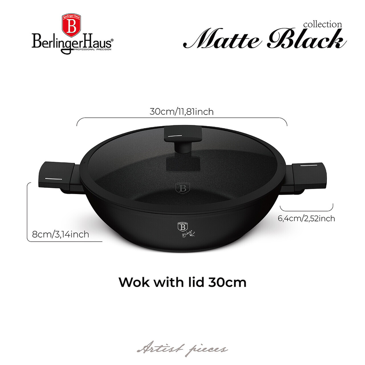 Tigaie Wok cu capac Berlinger Haus, Matte Black, 30 cm, aluminiu forjat, negru - imagine 6