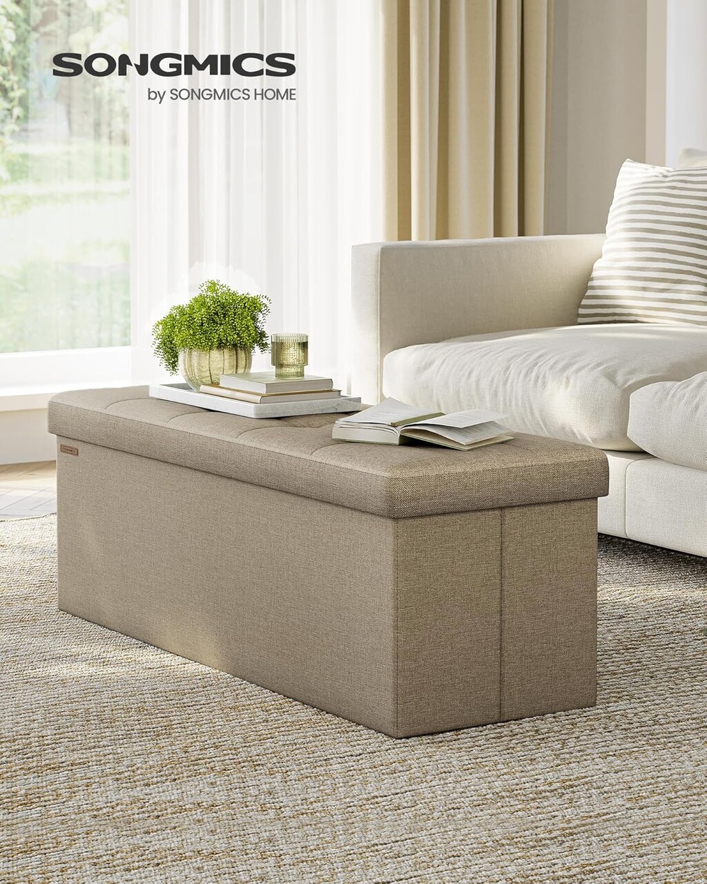 Bancheta cu spatiu de depozitare Mazi Songmics 110x38x38 cm max 300 kg MDF/imitatie de in maro camel
