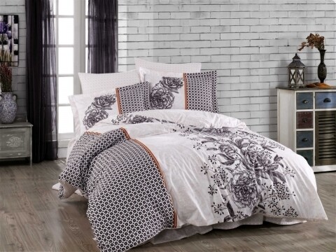Lenjerie de pat dubla, 4 piese, 100% bumbac poplin, Hobby, Arianna Damson, alb/maro
