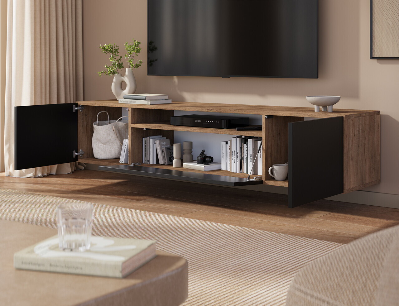 Comoda TV ADRK, Femur, 200x41x40 cm, PAL laminat, negru/artisan — imaginea 3