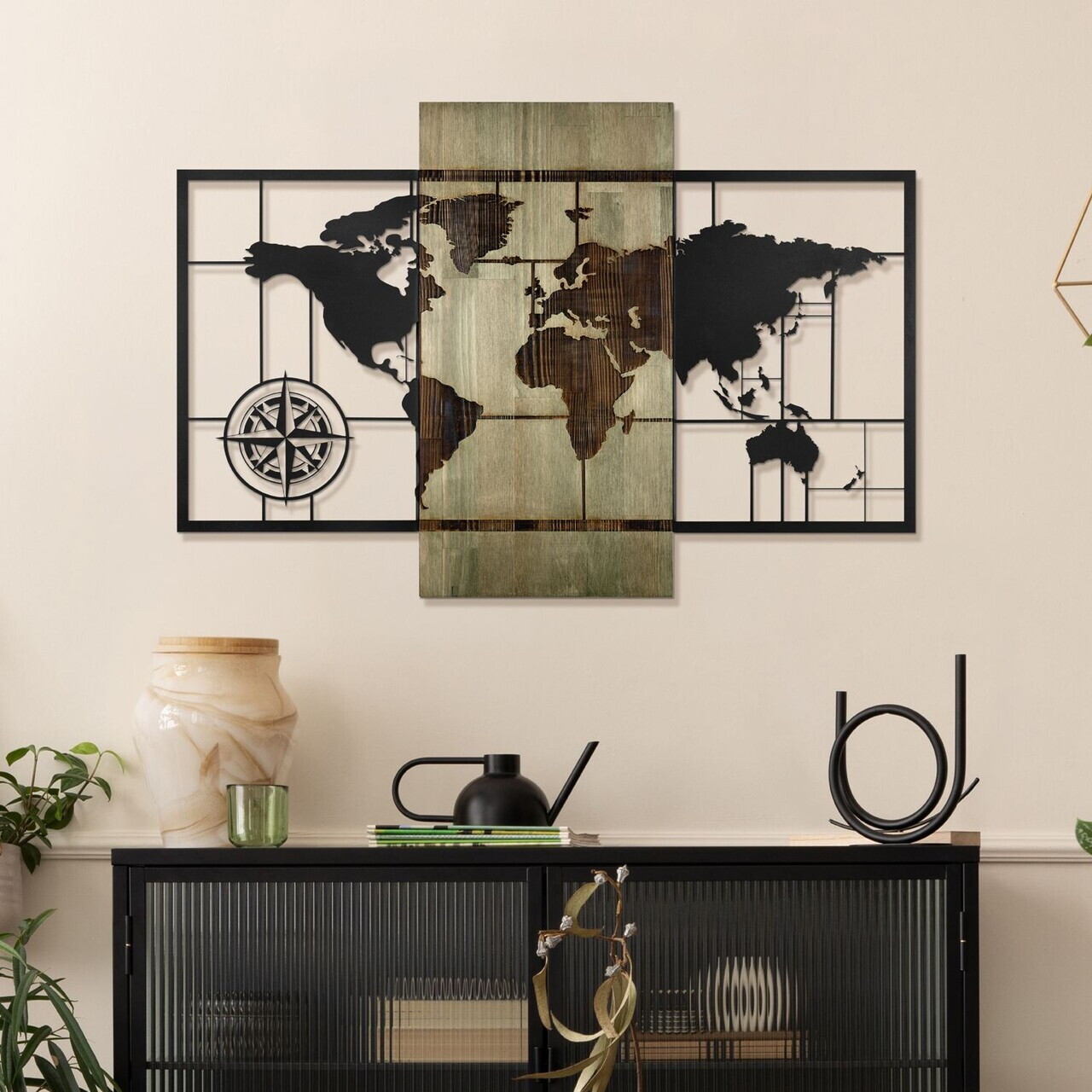 Decoratiune de perete, Fusione Naturale -2, Metal, Lemn, Verde/Negru