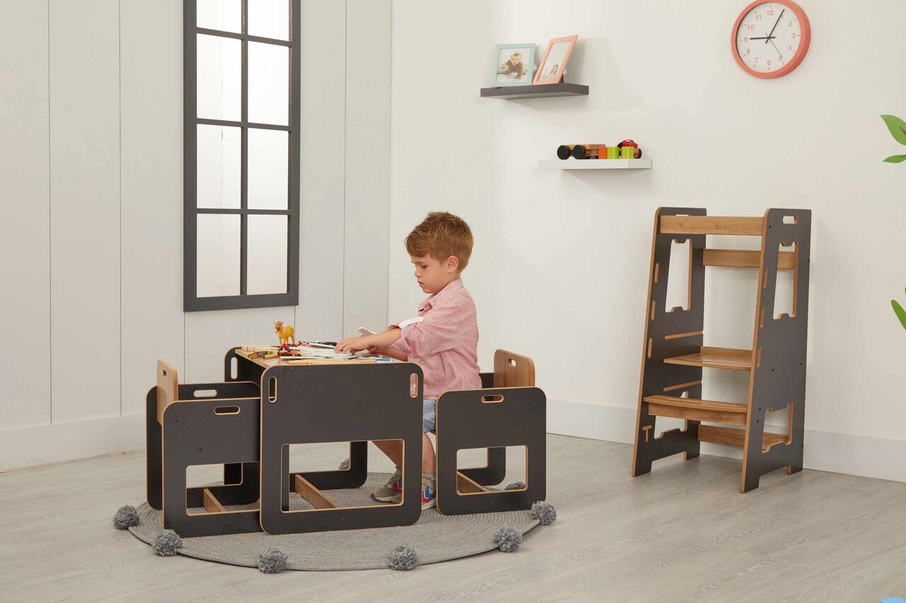 Set masa si scaun pentru copii, Hanah Home, Dove 2, Negru / Natural - view 3
