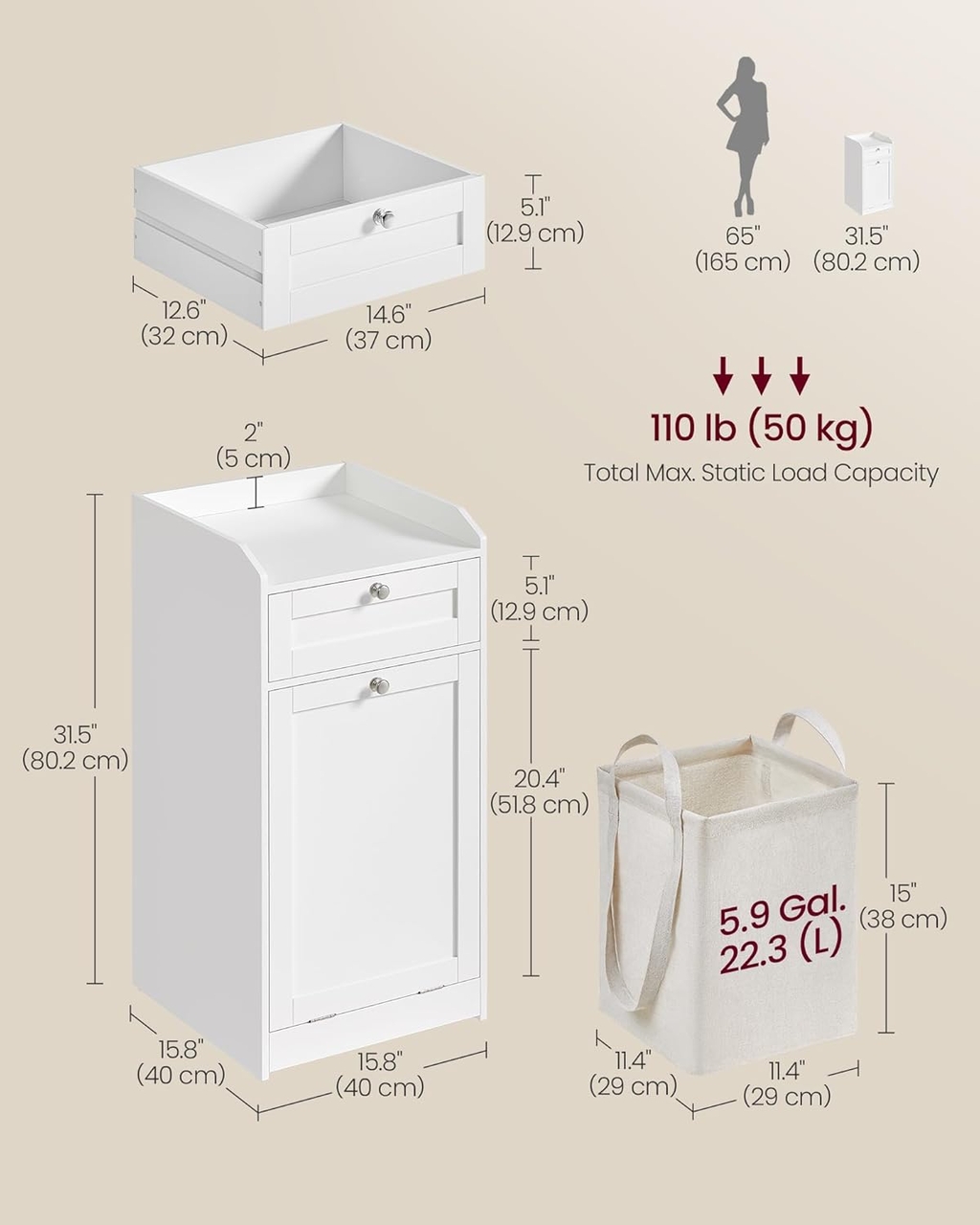 Dulap de baie cu cos de rufe integrat, Vasagle, 40x40x80 cm, MDF/poliester, alb cloud
