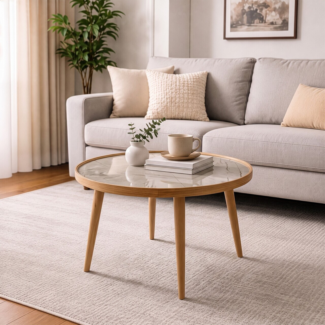 Masuta de cafea, Hanah Home, Polen 80, 80x48x80 cm, LEMN MASIV DE FAG, Stejar / Marmură gri