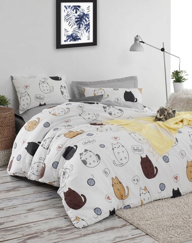Lenjerie de pat dubla, hello cats - white, eponj home, 65% bumbac/35% poliester
