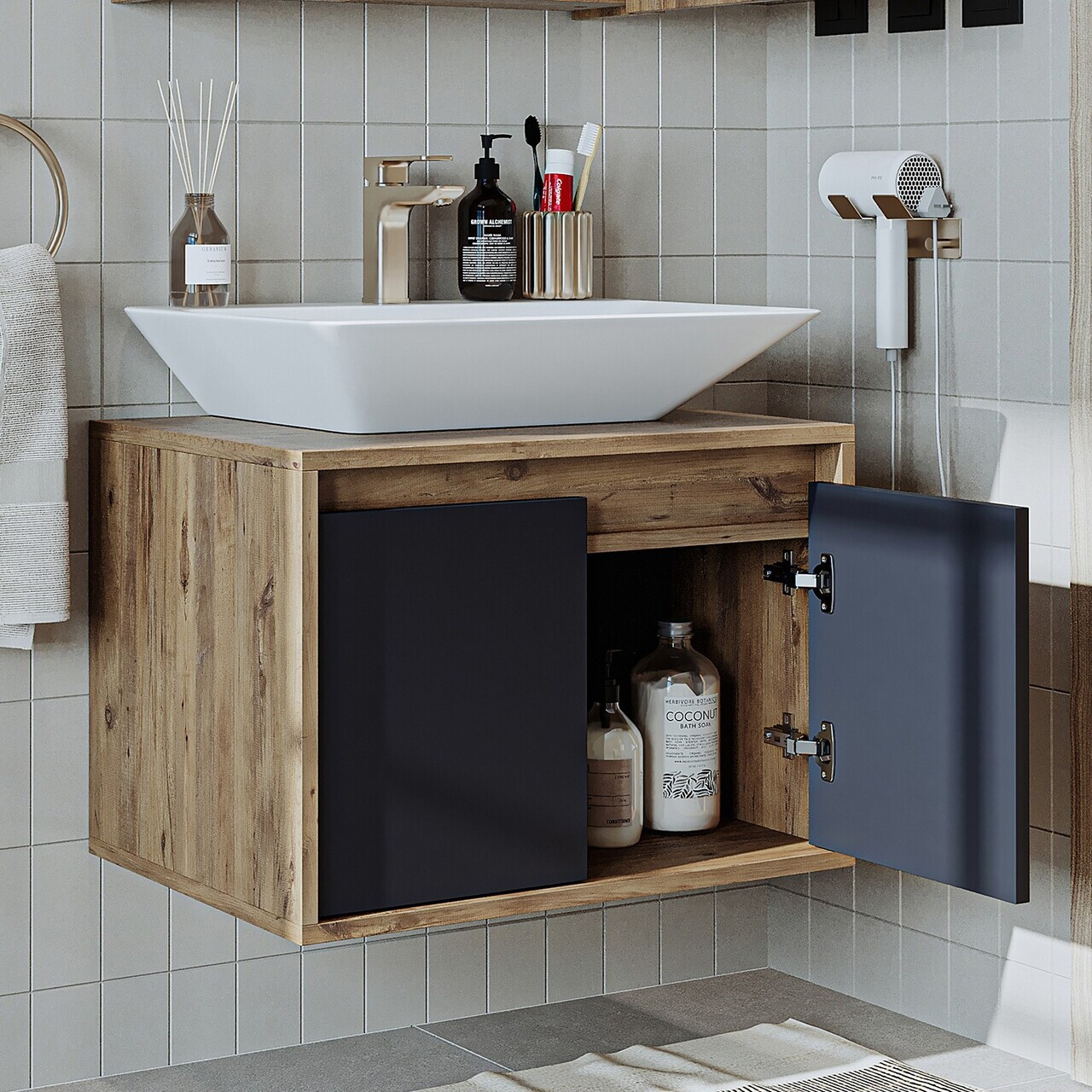 Dulap de baie cu chiuvetă, Hanah Home, 1707, 65x58x45 cm, MDF-LAM, Pin Atlantic / Antracit — imaginea 3