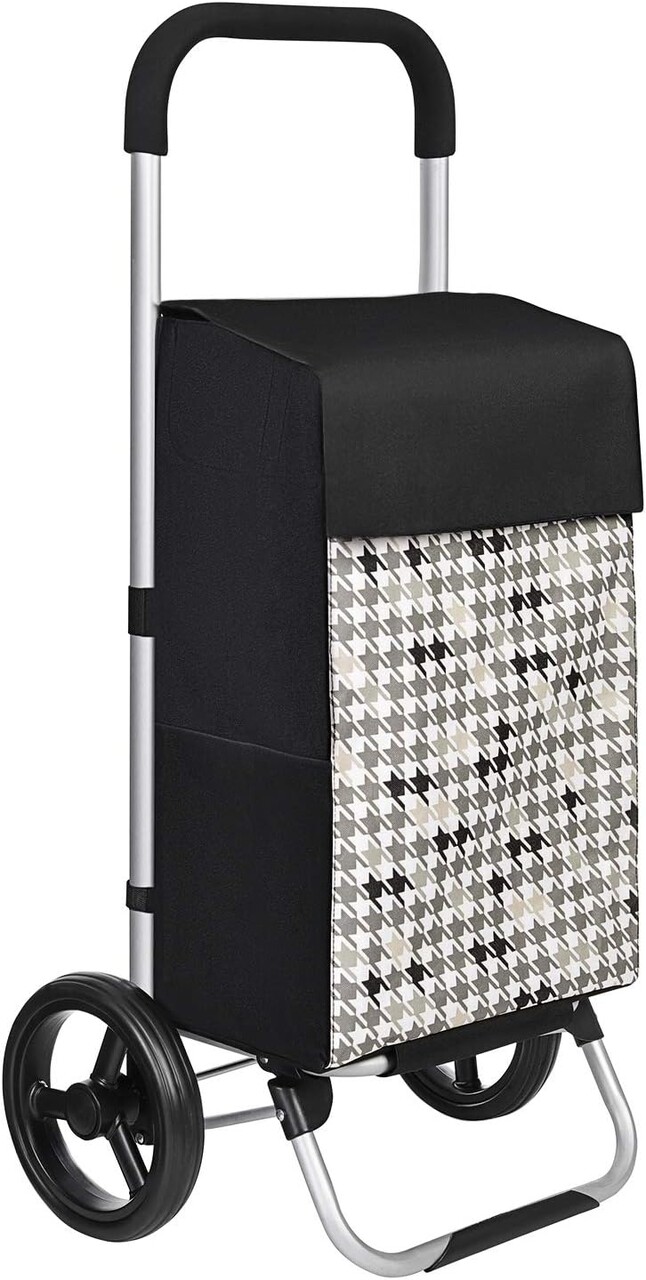 Carucior de cumparaturi 40L Houndstooth Pattern, Songmics, 47x33x97 cm, max 25 kg, tesatura Oxford/aluminiu