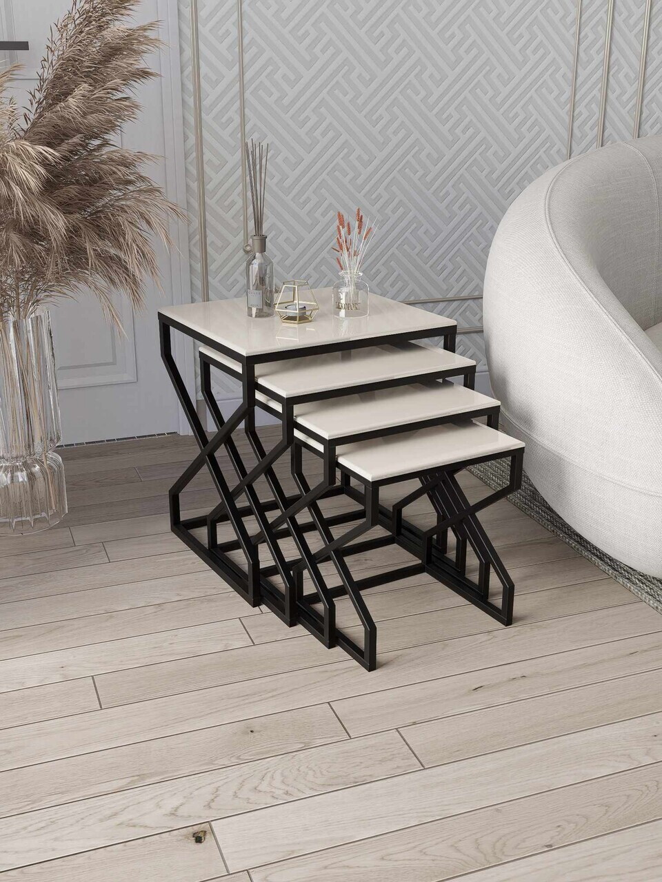 Set masute Nesting 4 piese, Hanah Home, Ela, Negru / Crem — imaginea 2