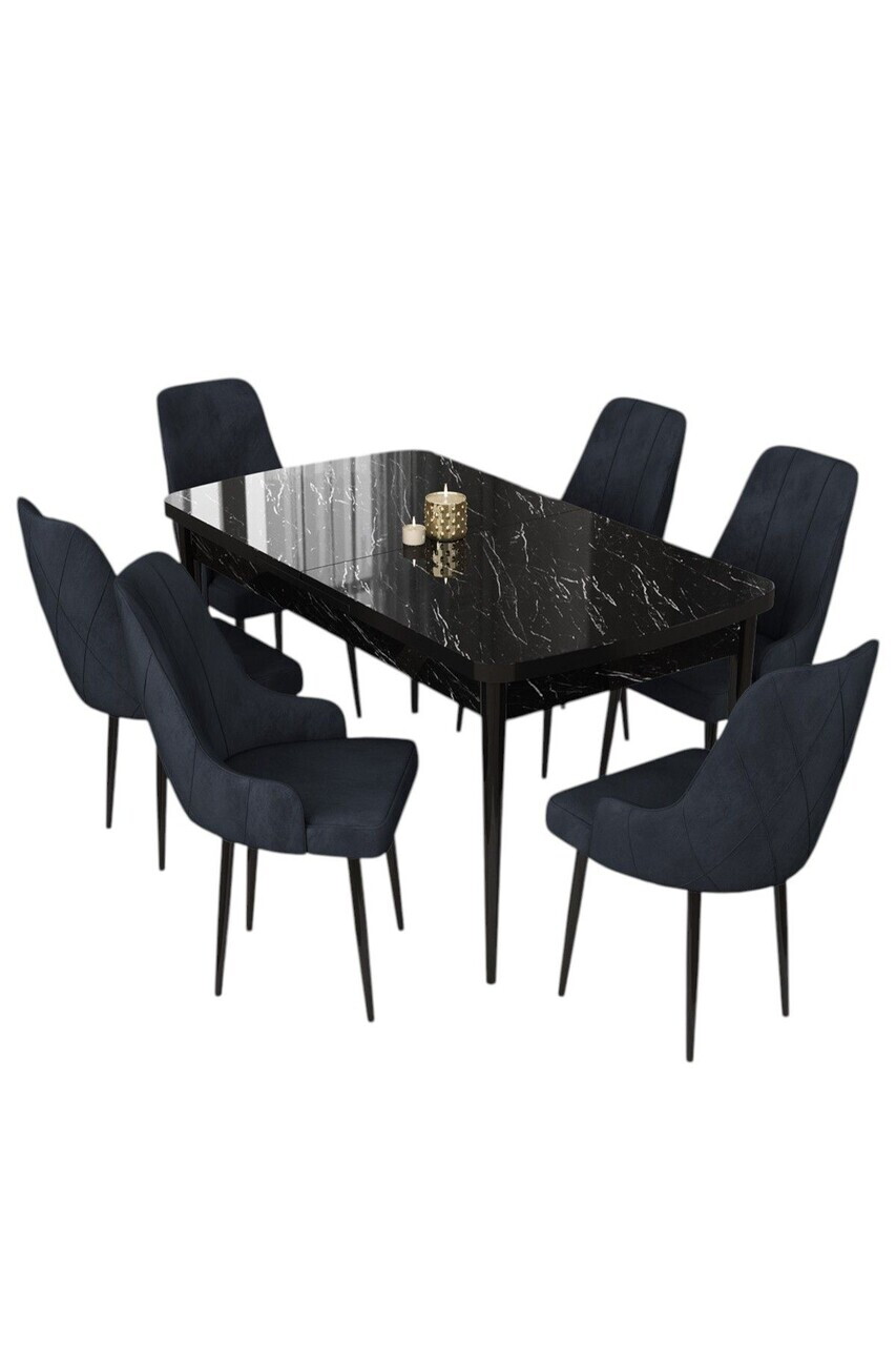 Set masa extensibila si scaune (7 piese), Hanah Home, Eta, Model de marmură neagră / Antracit — imaginea 2