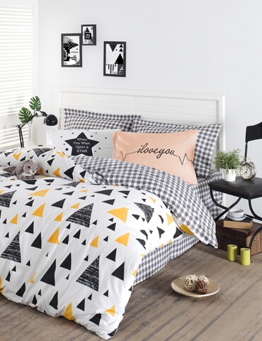 Lenjerie de pat dubla King Quilt (EU) İlove - Black/Yellow, Mijolnir, 3 piese, 240x220 cm, bumbac ranforce, multicolor