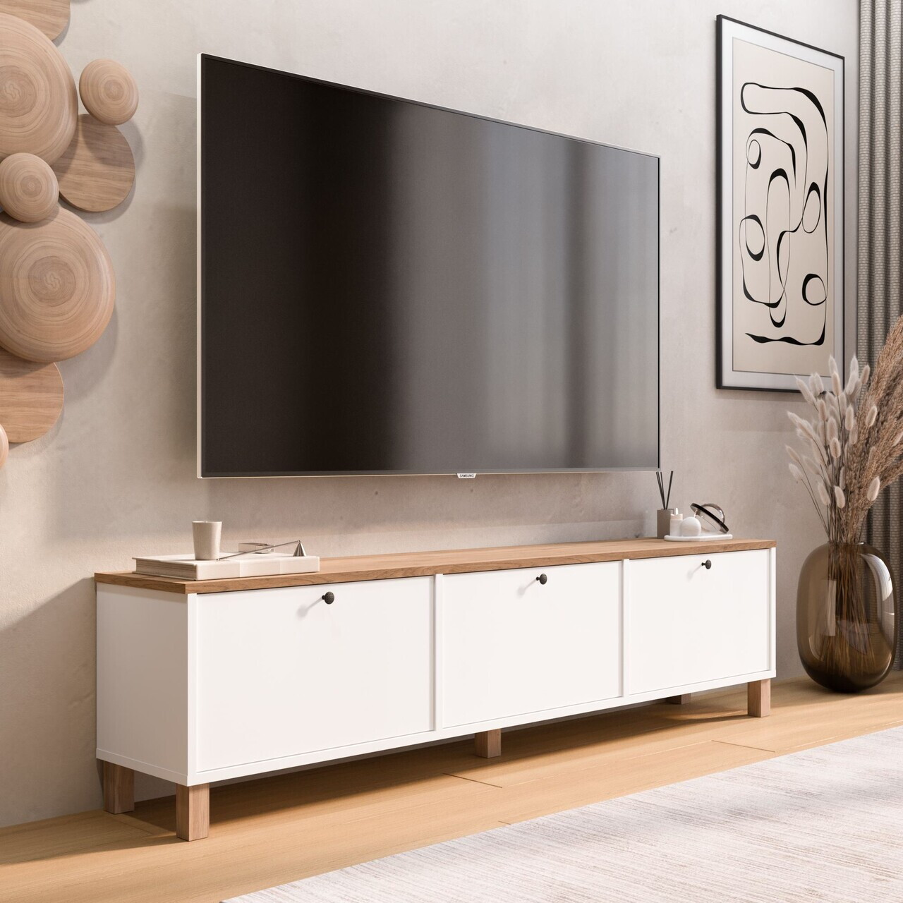 Comoda TV, Hanah Home, Nord, 180x45.6x32 cm, PAL, Alb / Stejar — imaginea 3