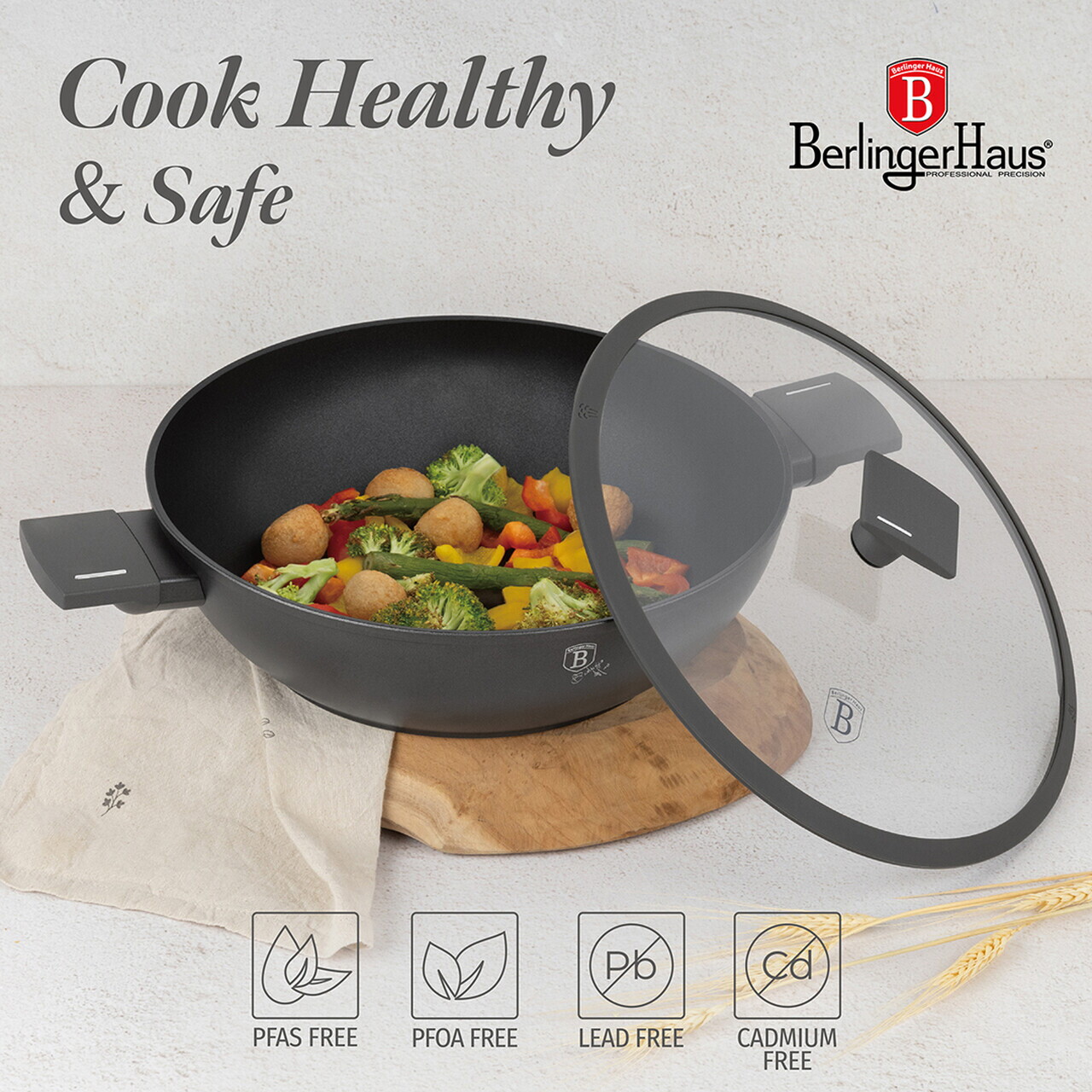 Tigaie Wok cu capac Berlinger Haus, Anthracite, 30 cm, aluminiu forjat, antracit mat - imagine 9