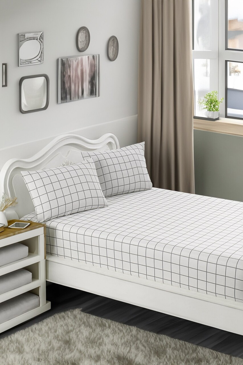 Set de pat dublu (cearceaf cu elastic si perne) 3 piese, Artus - Grey, Eponj Home, 65% bumbac/35% poliester