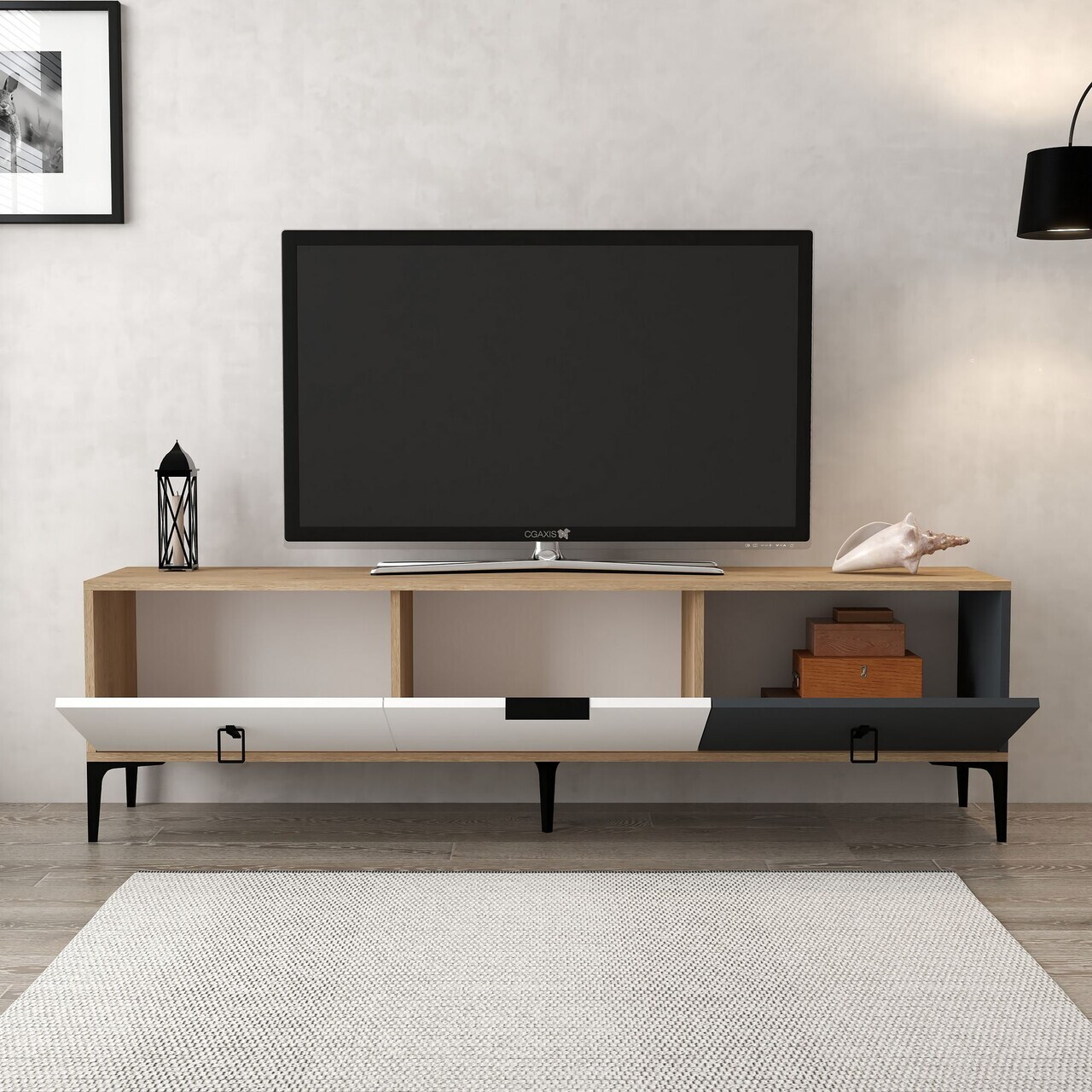 Comoda TV, Hanah Home, Neva 3801, 180x50x35 cm, PAL, Stejar / Alb / Antracit — imaginea 2