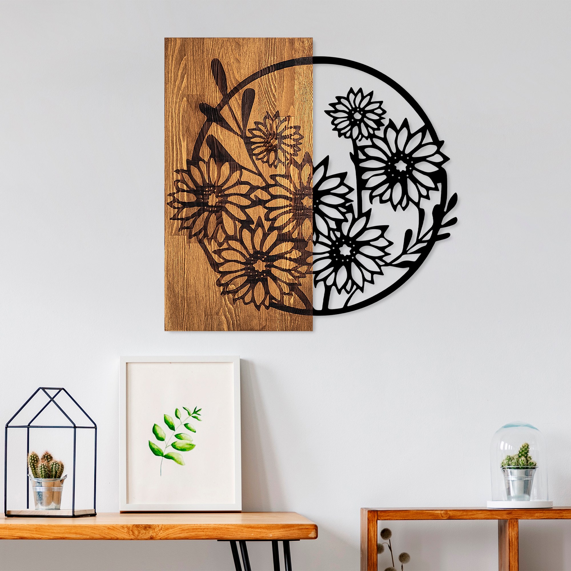 Decoratiune de perete, Flowers 1, Dimensiune: 57 x 57 cm, Nuc / Negru