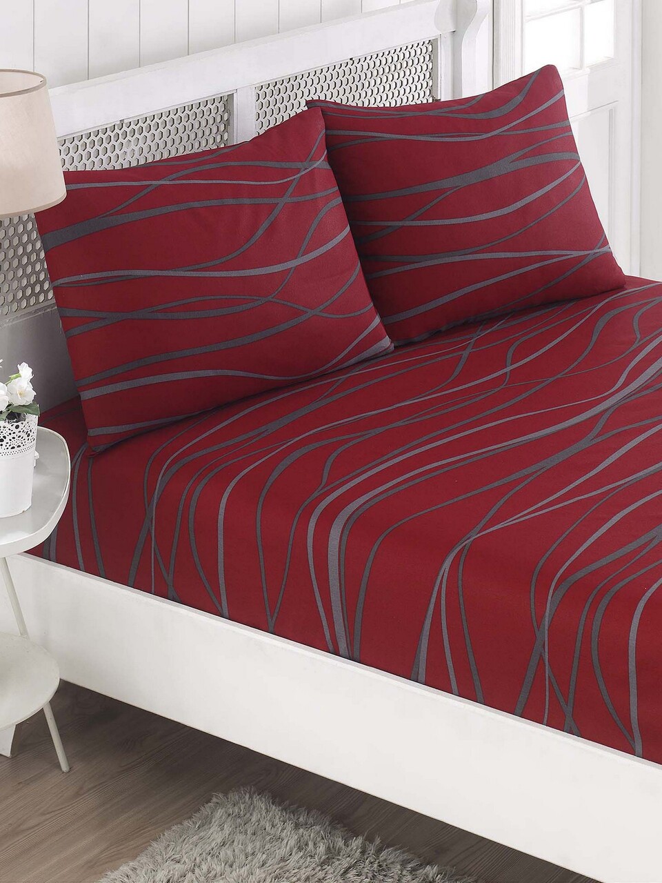 Set de pat dublu (cearceaf cu elastic si perne) 3 piese, Verda - Claret Red, EnLora Home, 65% bumbac/35% poliester