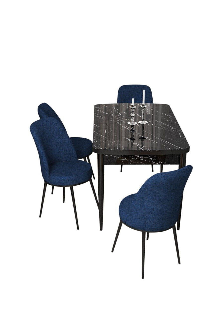 Set masa extensibila si scaune (5 piese), Hanah Home, Via, Model de marmură neagră / Bleumarin — imaginea 2