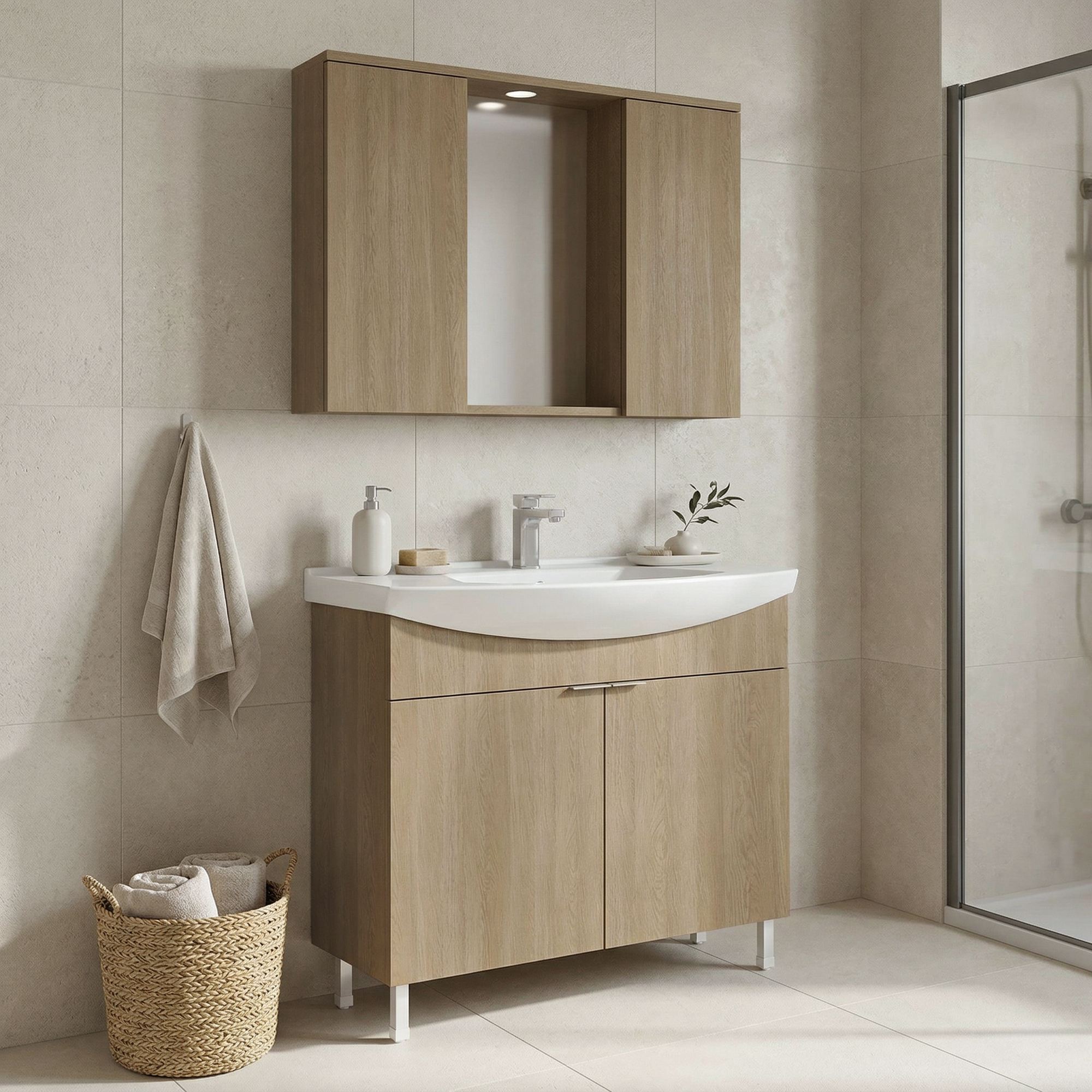 Set Dulap de Baie cu Chiuvetă și Oglindă (2 Piese), Hanah Home, Purus 100, Stejar