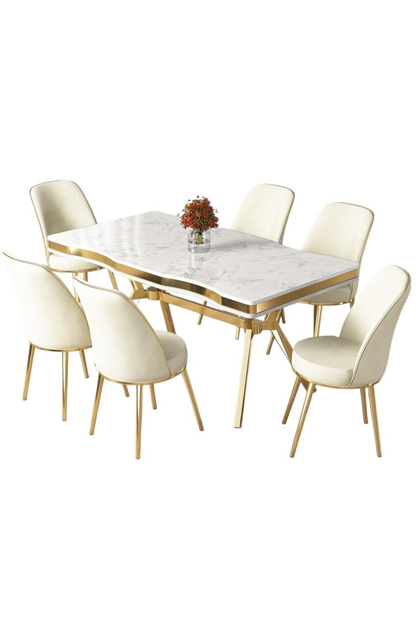 Set masa si scaune (7 piese), Hanah Home, Prah, Model de marmură albă / Auriu / Crem — imaginea 2