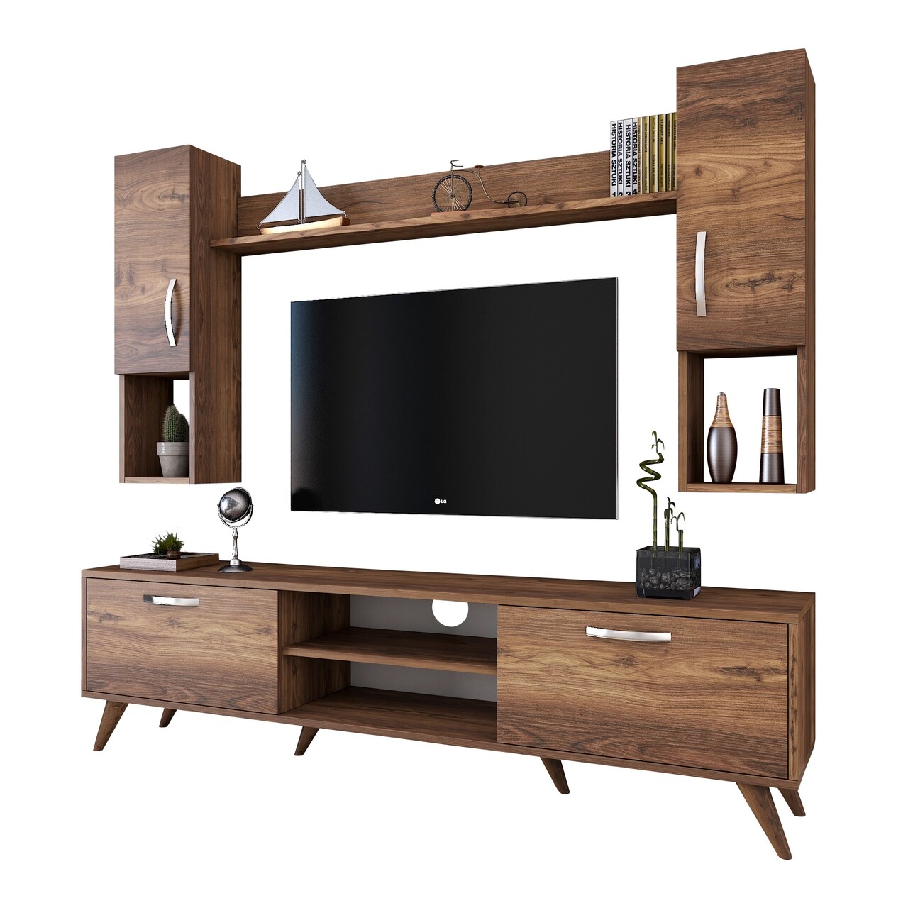 Comoda TV Cu Raft De Perete Si 2 Cabinete M27 - 284, Wren, 180 X 35 X 48.6 Cm/133 Cm, Walnut