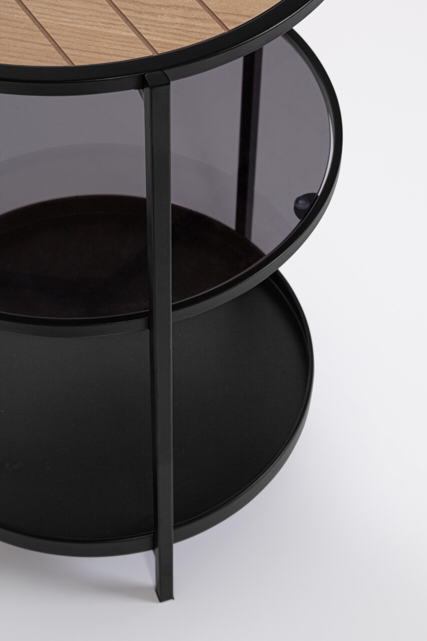 Masuta de cafea cu 3 rafturi Haldor, Bizzotto, D40x60.5 cm, otel/MDF/sticla temperata, negru/natural