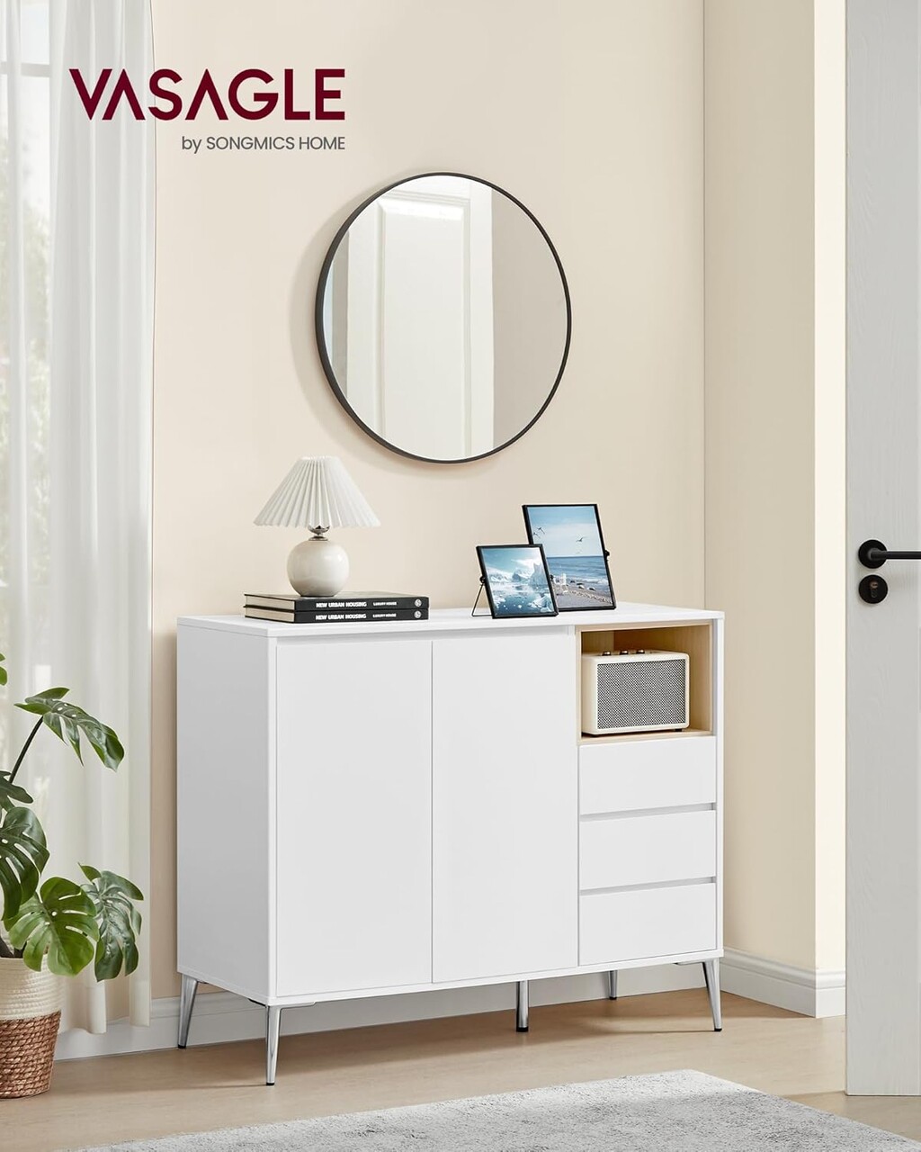 Bufet cu 2 usi si 3 sertare / Comoda Vasagle, 103.5x40x84 cm, MDF/PAL, alb - 1 | YEO