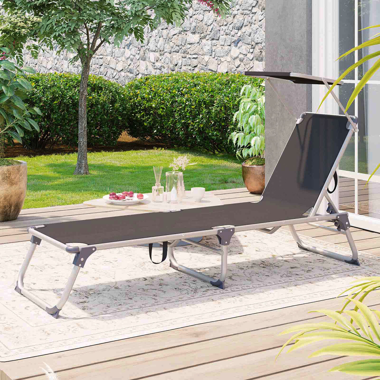 Sezlong pliabil cu parasolar, Songmics, 55x193x31 cm, max 150 kg, aluminiu/tesatura sintetica, gri - 1 | YEO