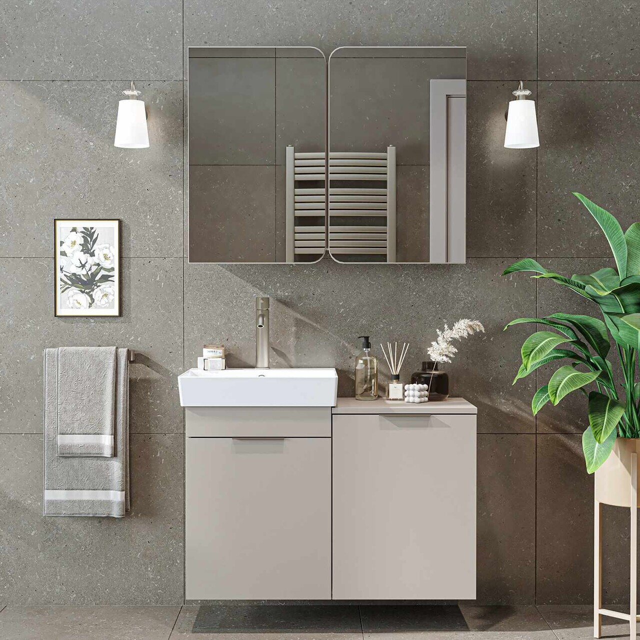 Set Dulap de Baie cu Chiuvetă și Oglindă (2 Piese), Hanah Home, Dubai Sepetli, PAL, Gresie — imaginea 3