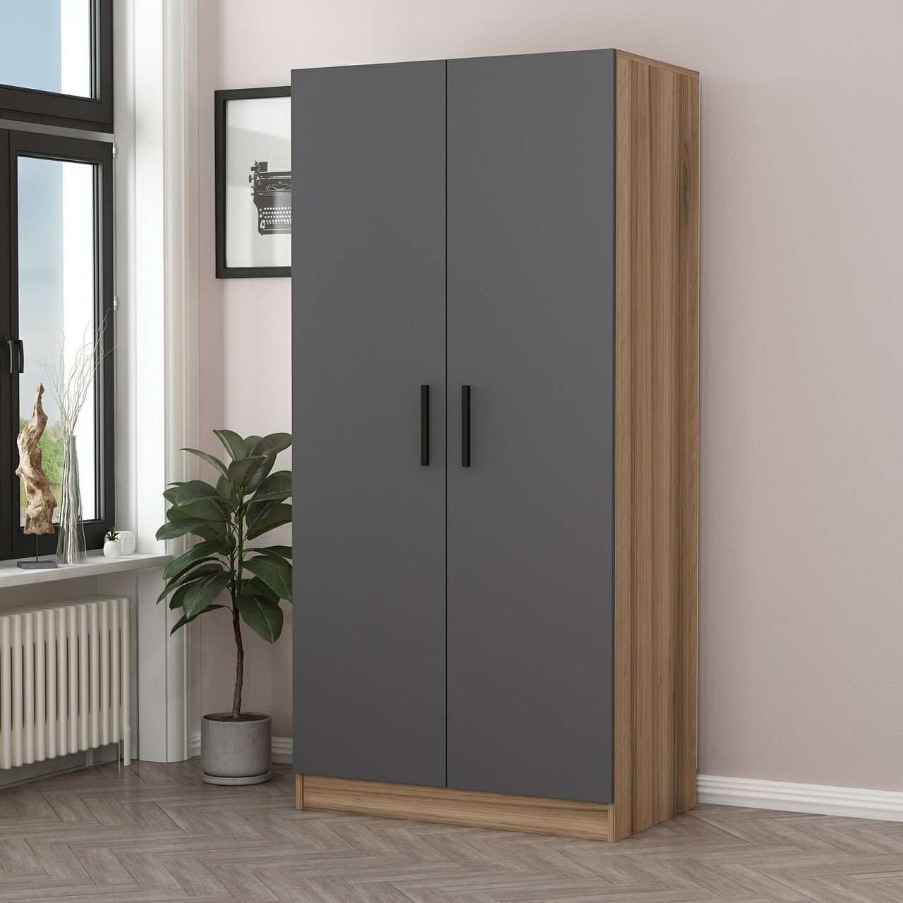 Dulap pentru haine, Minerva, Kale Anthracite Oak, 90x190x52 cm, PAL, Antracit / Stejar - 1 | YEO